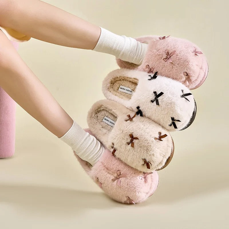BOW FUR SLIPPERS